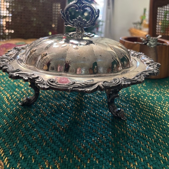 Antique vintage silver on copper ornate footed bowl with lid